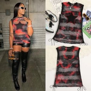 SHEIN ROMWE PUNK Tie Dye Star Patched Grommet Lace Up Sheer Tank